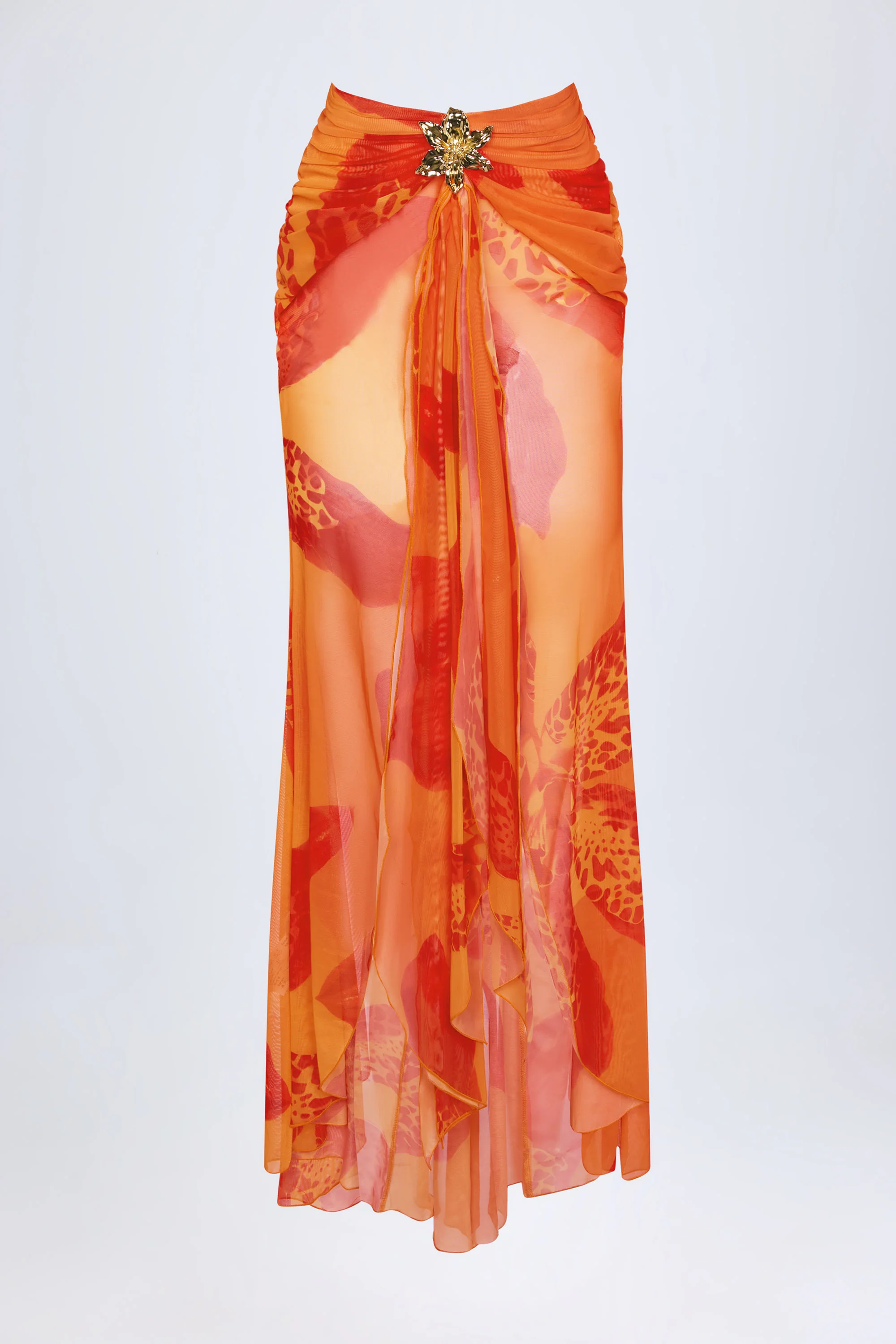 Ruched Hardware-Detail Fishtail Maxi Skirt in Orange Orchid Print - Image 4