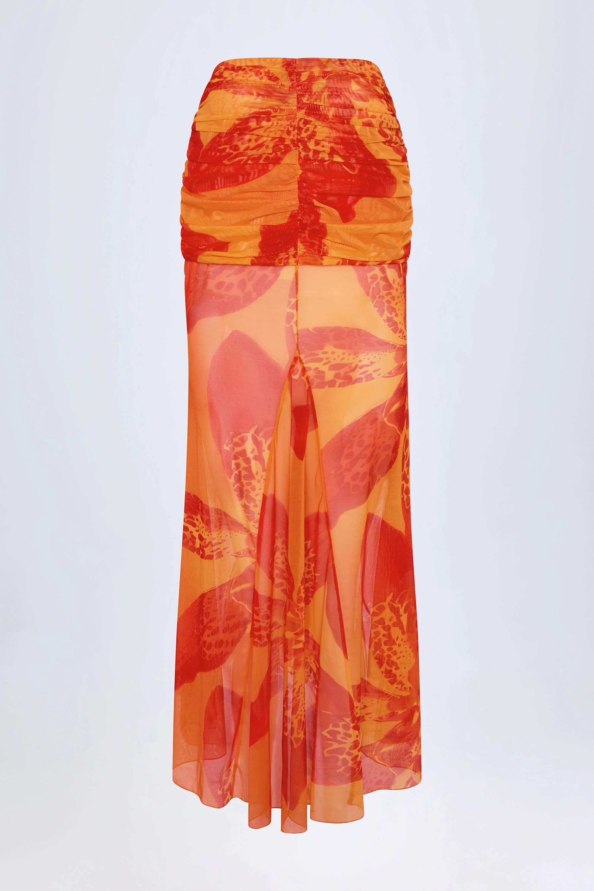 Ruched Hardware-Detail Fishtail Maxi Skirt in Orange Orchid Print - Image 5
